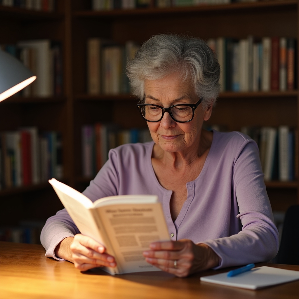 Senior číta digitálnu príručku na tablete pri stole