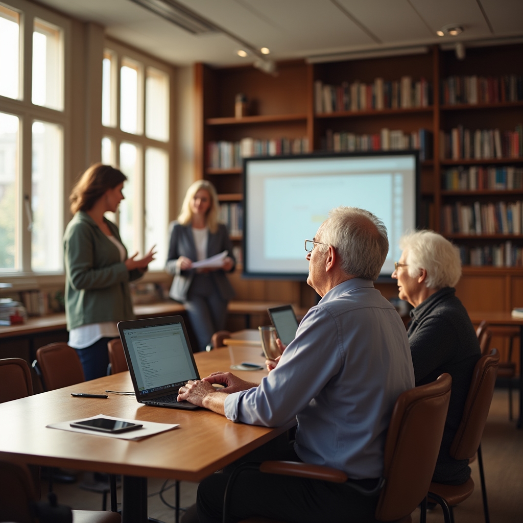 Seniori počas skupinovej online lekcie digitálnej gramotnosti